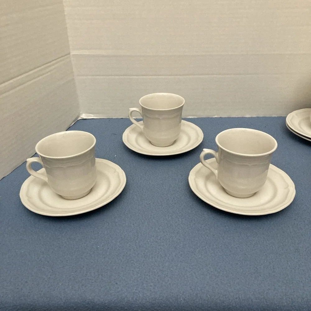 Stoneware Country White French Country Design Coffee Cup‎ with Saucer - Set of 7